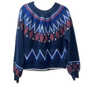 Sundry Fair Isle Wool Blend Navy Blue Round Neck Sweater Medium
